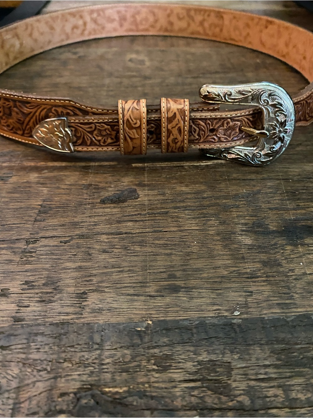 Vintage Tooled Leather Western Belt with Engraved Buckle - Tan
